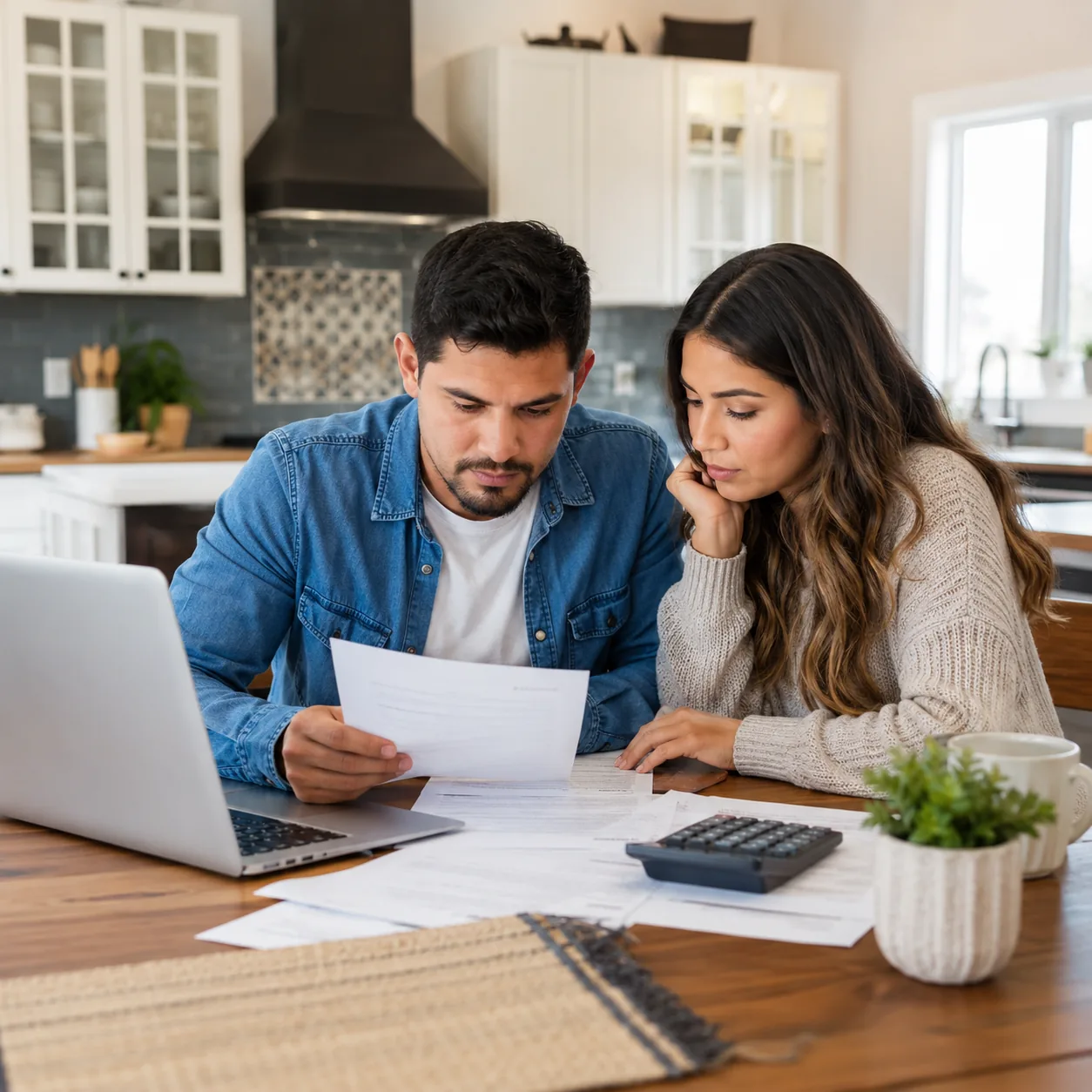 Realistic editorial photo of a young Latino couple reviewing home buying paperwork at a kitchen table with a laptop and