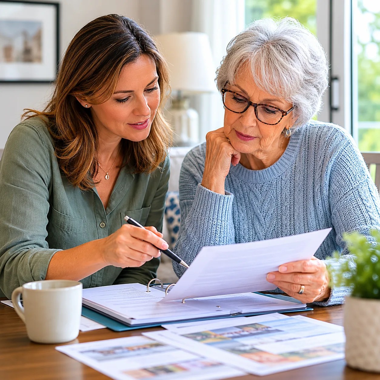 Realistic editorial photo of an adult daughter and older parent reviewing assisted living move-in paperwork at a small t