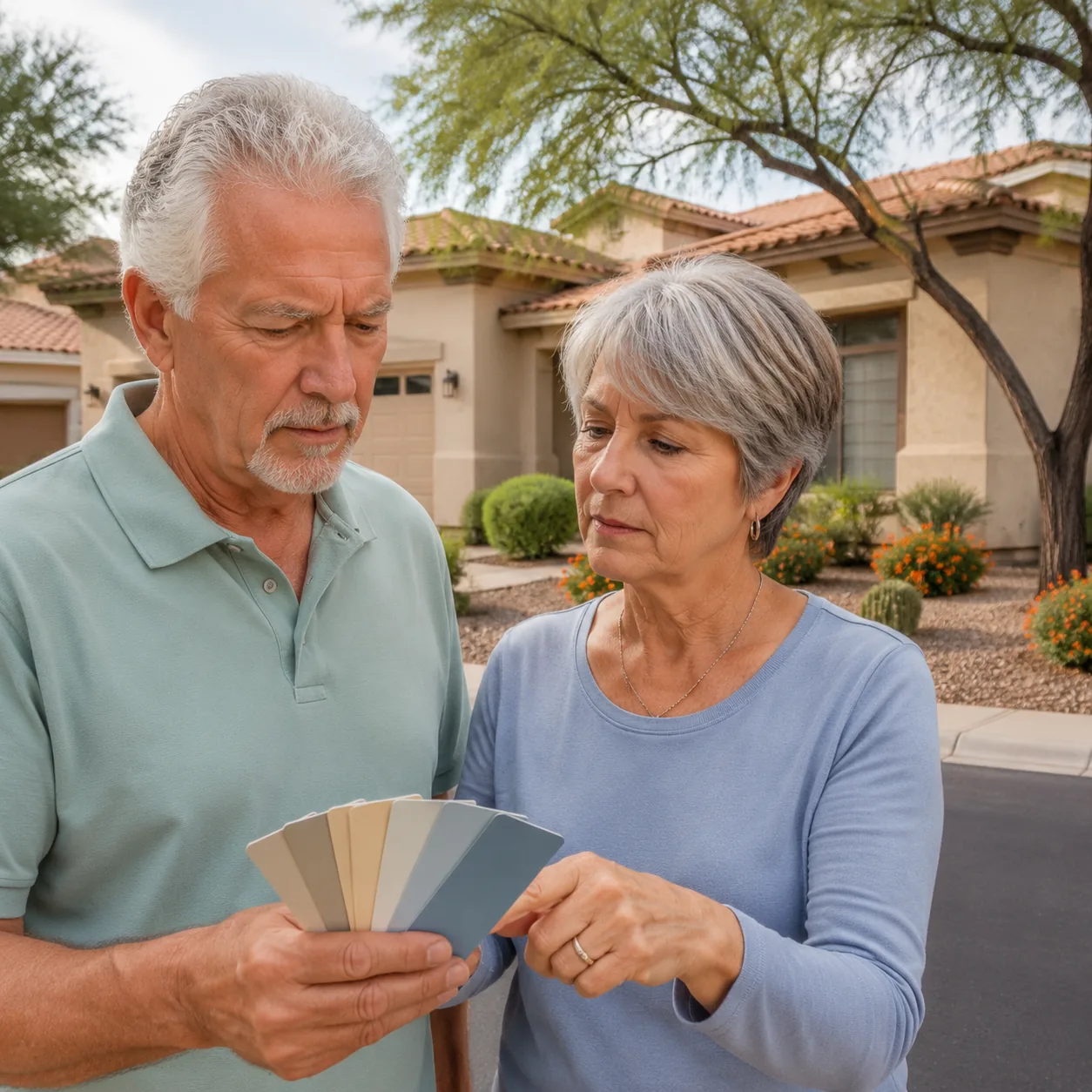 Realistic editorial photo of an older couple holding exterior paint swatches in front of a retirement community home, pr