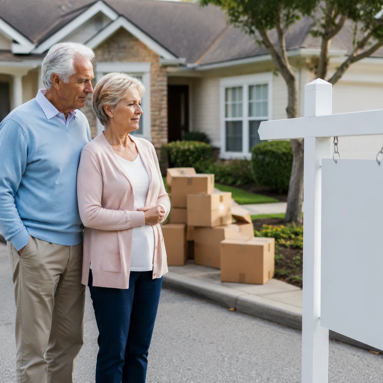 Realistic editorial photo of an older couple looking at a home sale sign in a quiet retirement neighborhood with moving