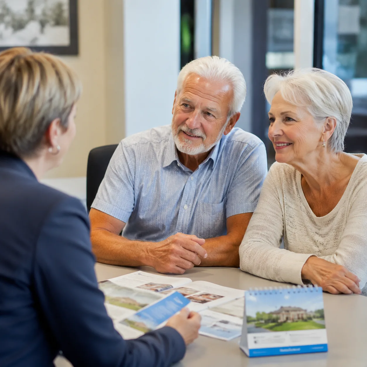 Realistic editorial photo of an older couple sitting across from a community sales representative with brochures and a c