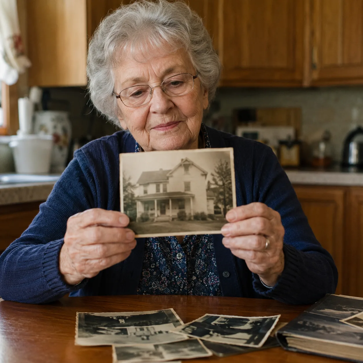 Realistic editorial photo of an older grandparent holding a faded family house photo at a kitchen table, warm natural li