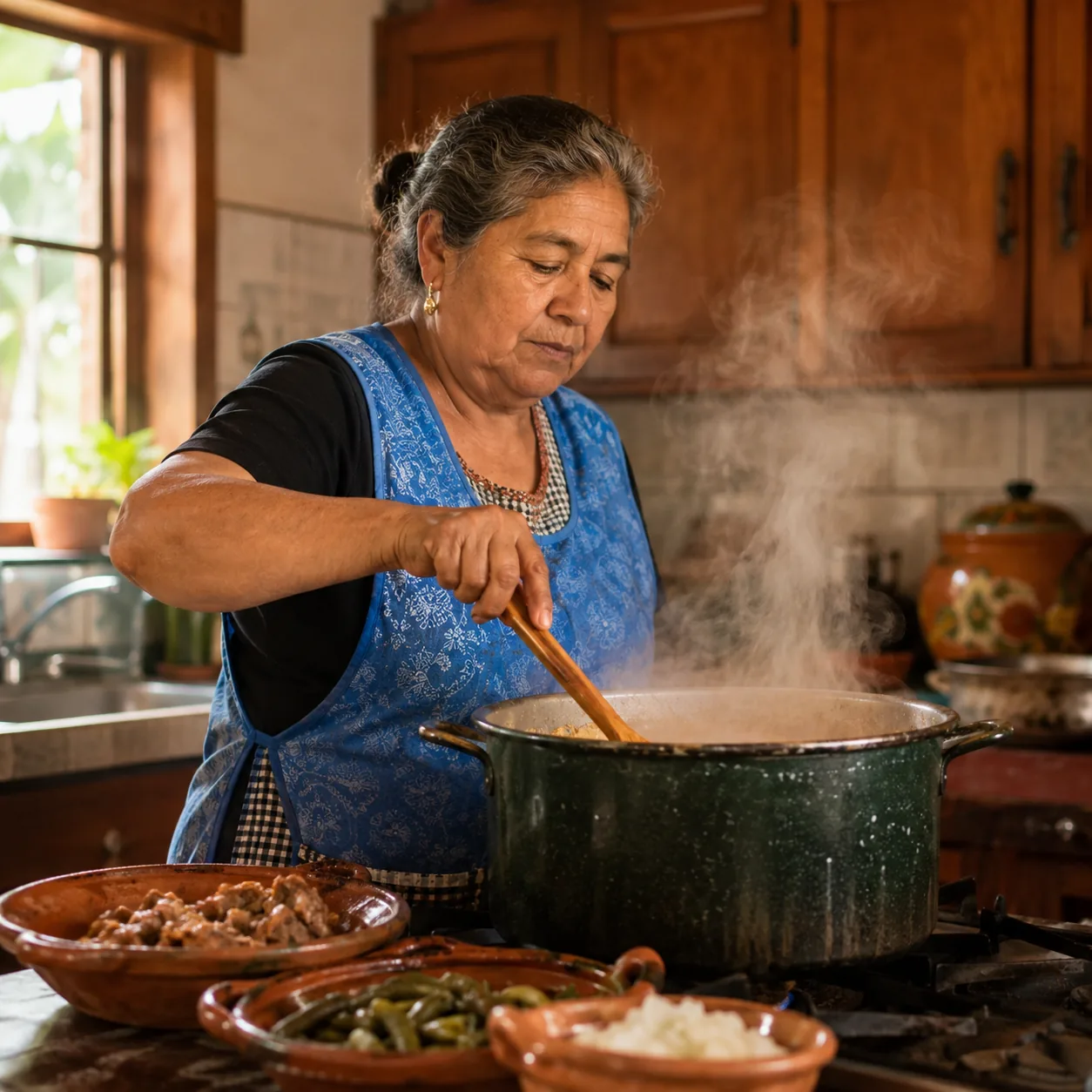 Realistic editorial photo of an older Latina woman stirring a large pot on a home kitchen stove with warm steam and fami