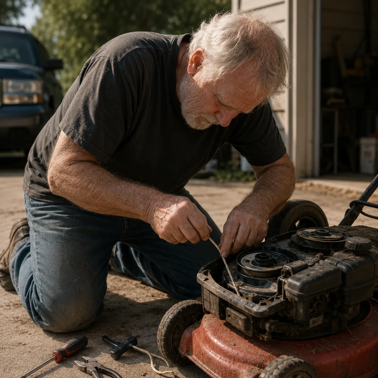 Realistic editorial photo of an older man repairing a lawnmower pull cord on a driveway with basic hand tools, warm natu