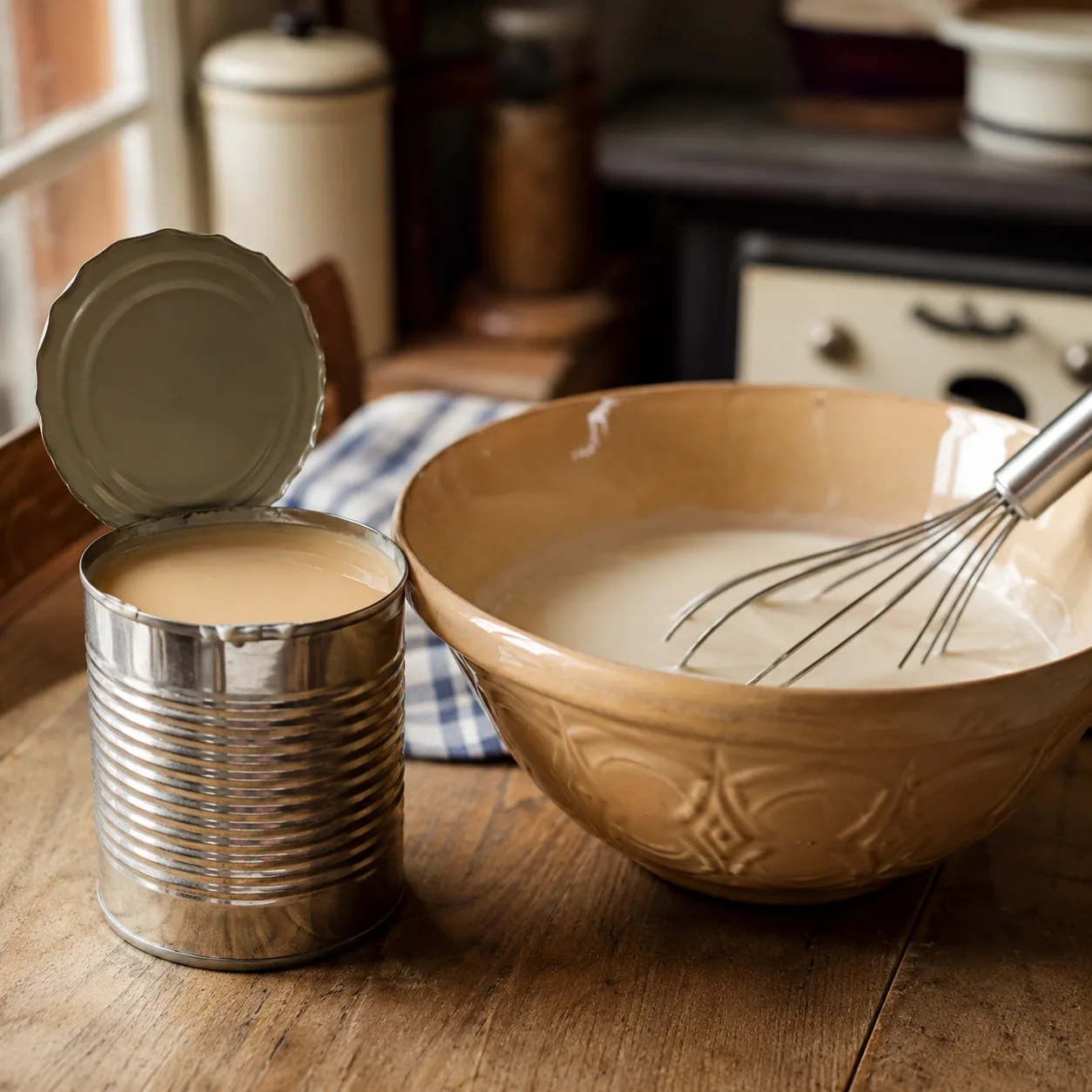 Realistic editorial photo of an opened can of evaporated milk beside a mixing bowl in an old-fashioned home kitchen, pra
