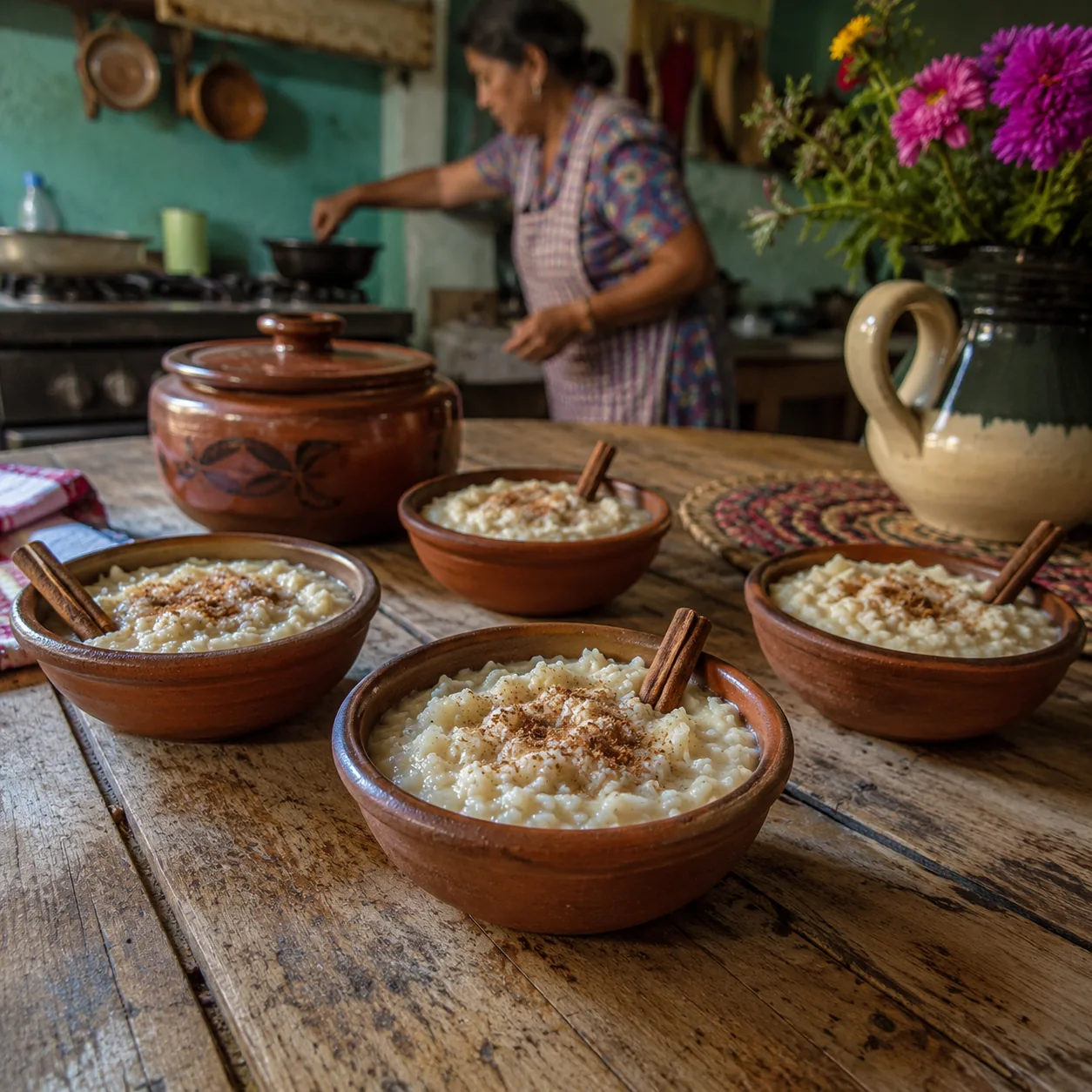 Realistic editorial photo of arroz con leche in small ceramic bowls with cinnamon sticks on a Latino family kitchen tabl