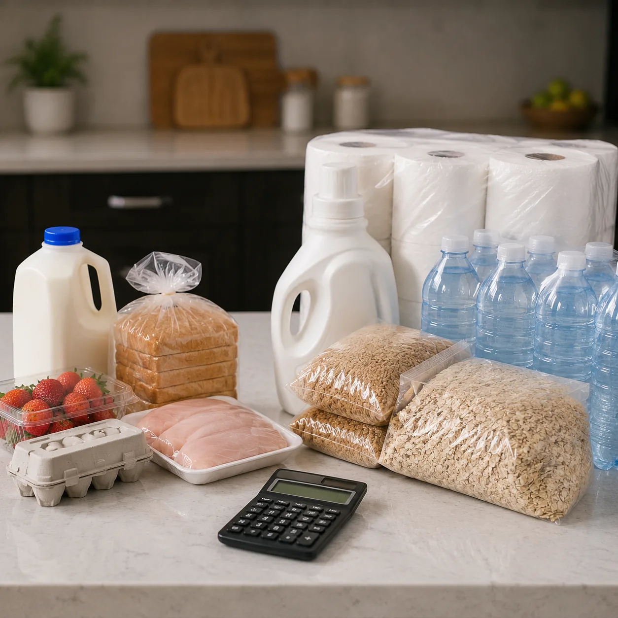 Realistic editorial photo of oversized grocery packs beside smaller store packages and a calculator, practical consumer