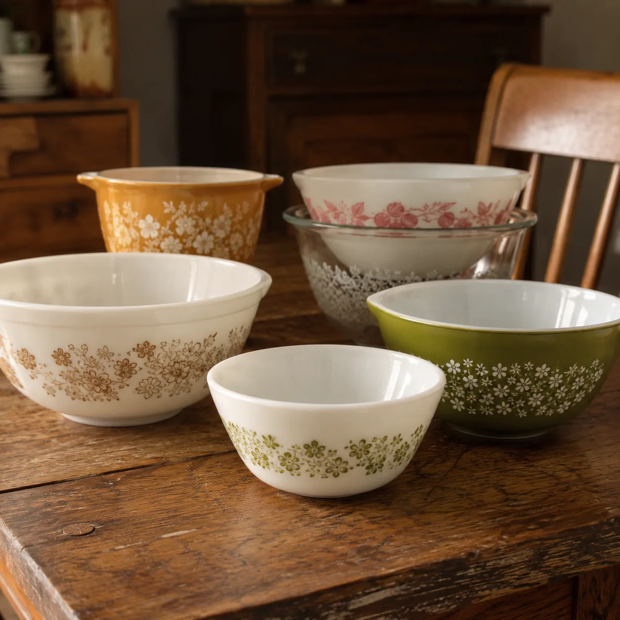 Realistic editorial photo of vintage patterned glass mixing bowls on an old kitchen table, warm natural light, practical