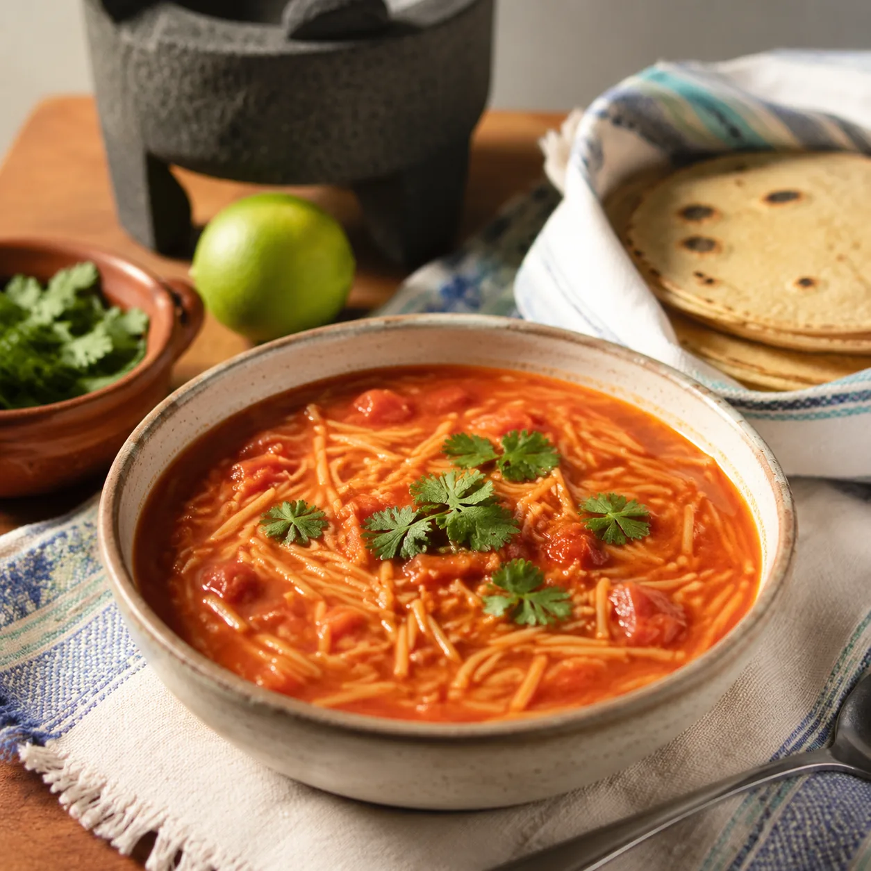 Realistic editorial photo of a bowl of sopa de fideo with tomato broth on a simple kitchen table, warm natural light, La