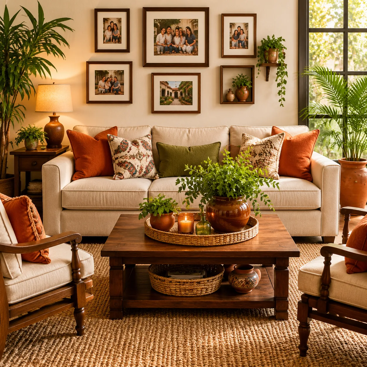 Realistic editorial photo of a carefully arranged Latino family living room with framed photos, sofa pillows, and visiti