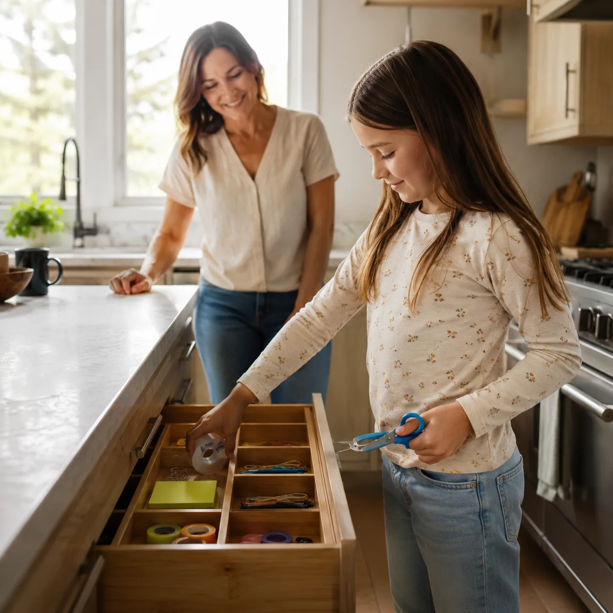 Realistic editorial photo of a child returning scissors and tape to an organized kitchen drawer while a parent watches n