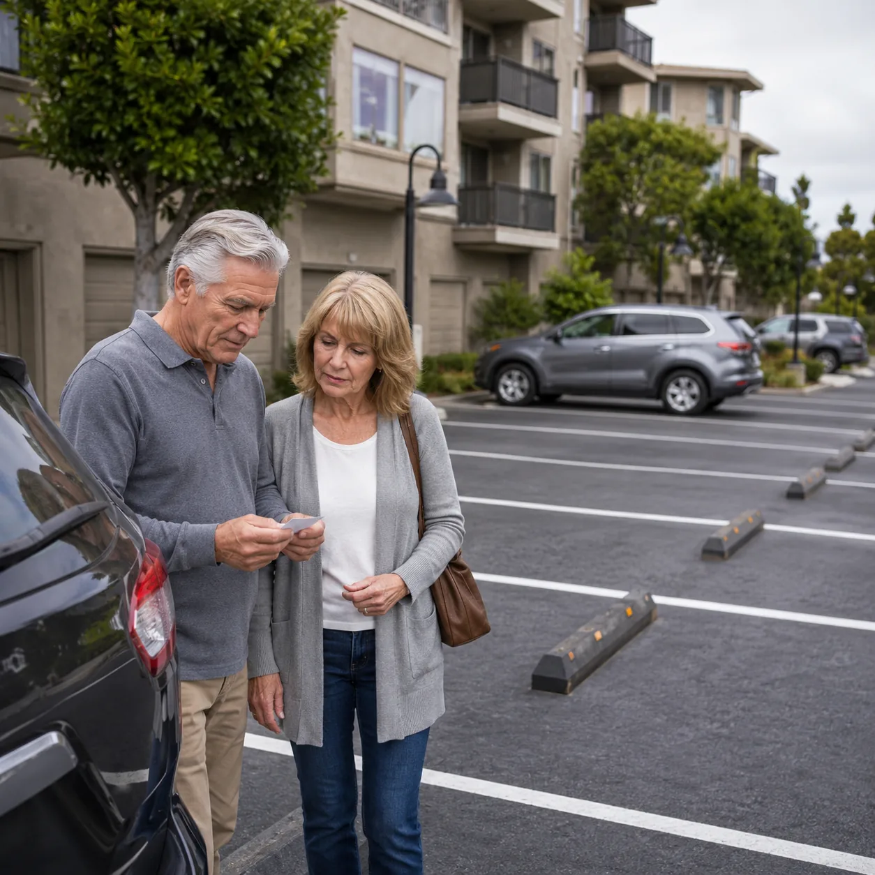 Realistic editorial photo of a condo guest parking area with an older couple checking visitor spaces and a small parking