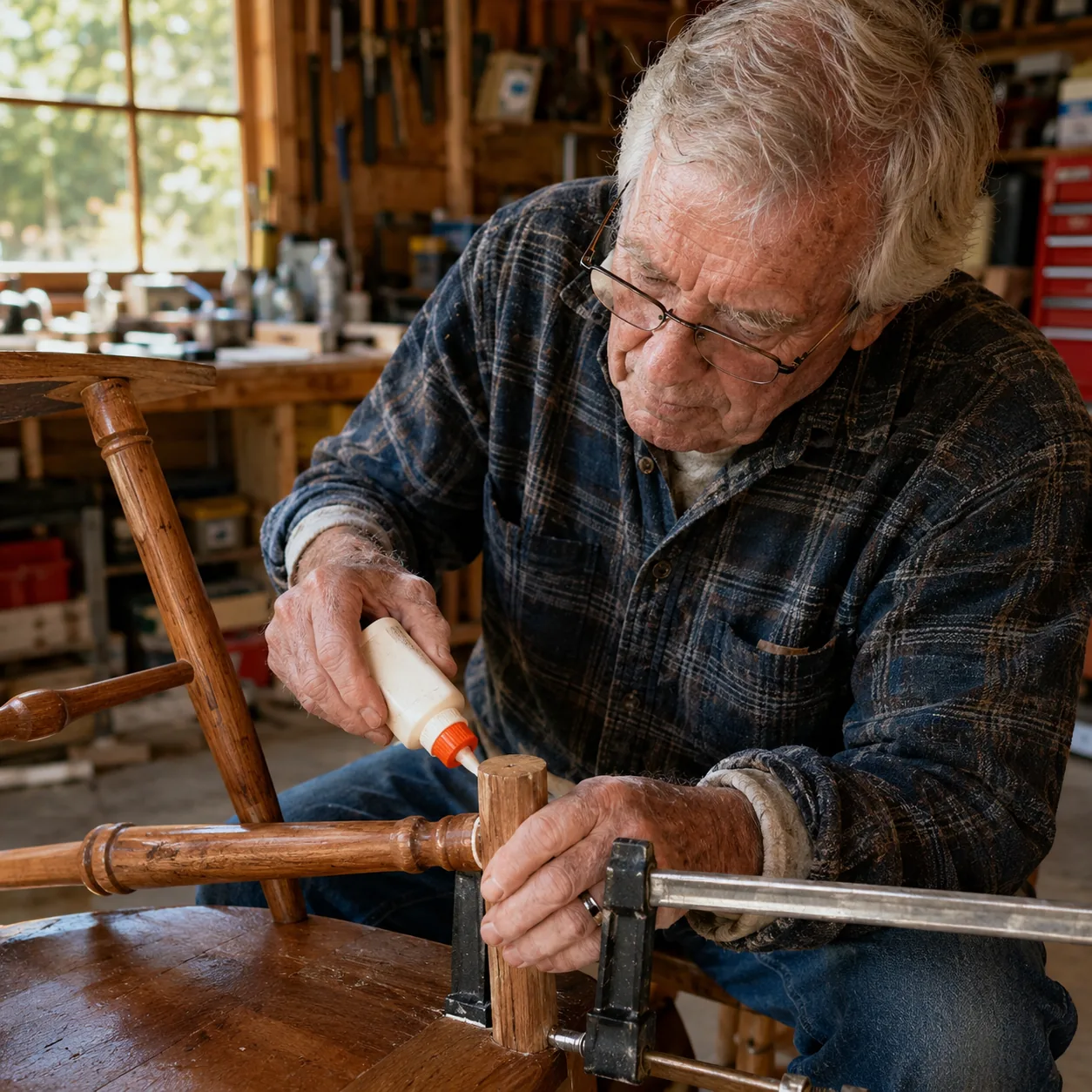 Realistic editorial photo of a grandfather gluing and clamping a wooden kitchen chair leg in a garage workshop, warm nat