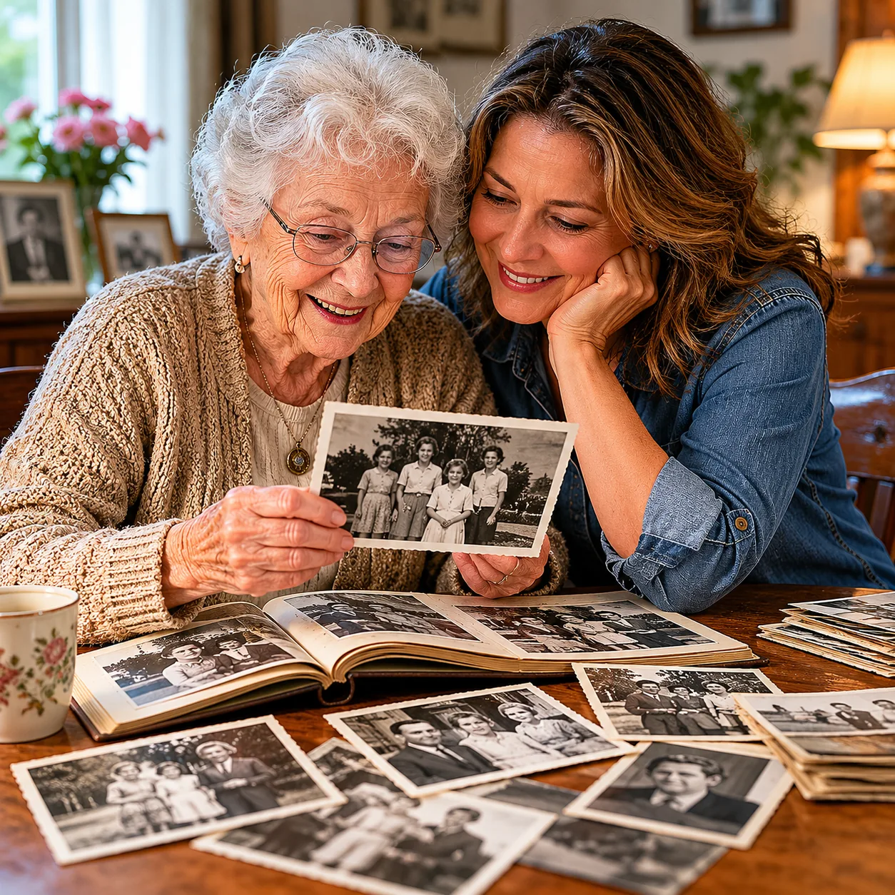 Realistic editorial photo of a grandparent and adult grandchild looking through black and white family portraits on a di