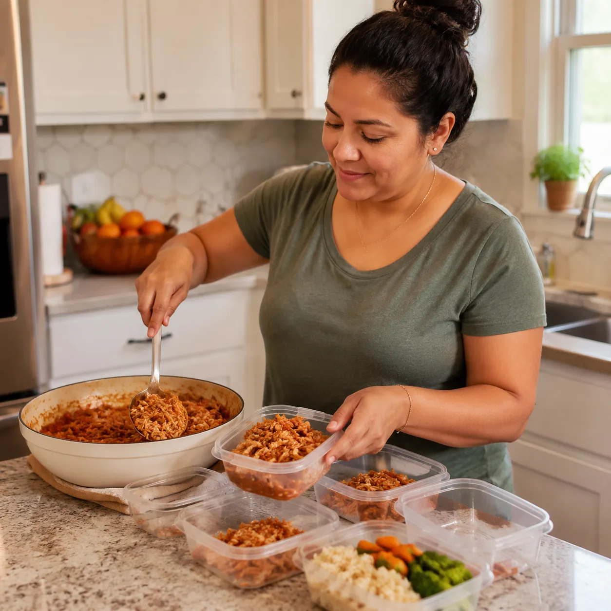 Realistic editorial photo of a Latina mother serving extra homemade food into containers at a kitchen counter, warm natu