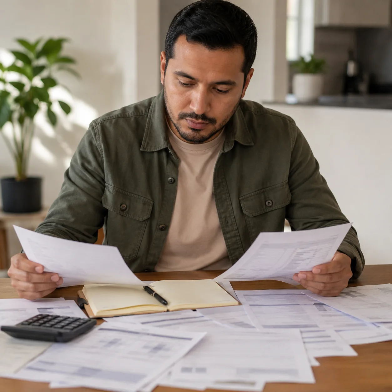 Realistic editorial photo of a Latino first-time buyer comparing mortgage preapproval documents and bank statements on a