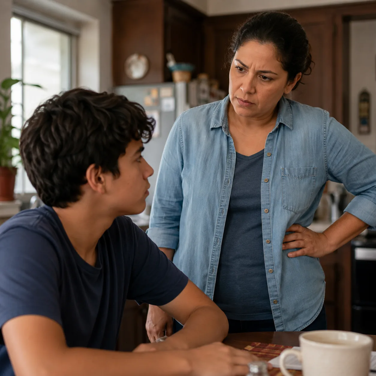 Realistic editorial photo of a Latino parent in a kitchen giving a firm look to a teenager at the table, warm home setti