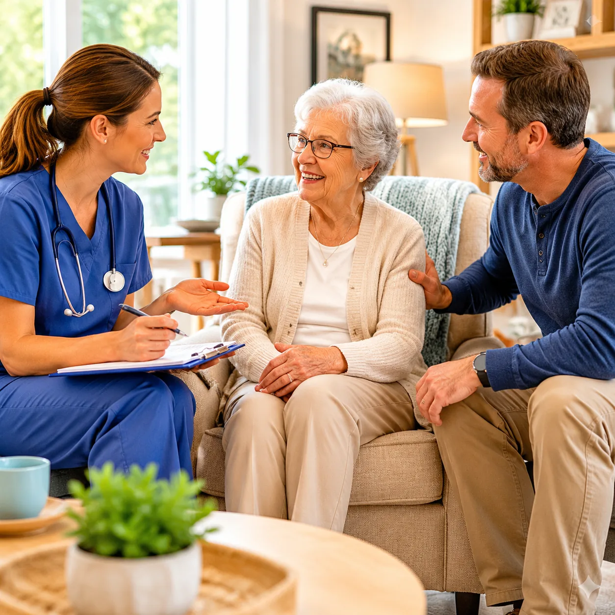 Realistic editorial photo of a nurse speaking with an older resident and adult son in a bright assisted living apartment