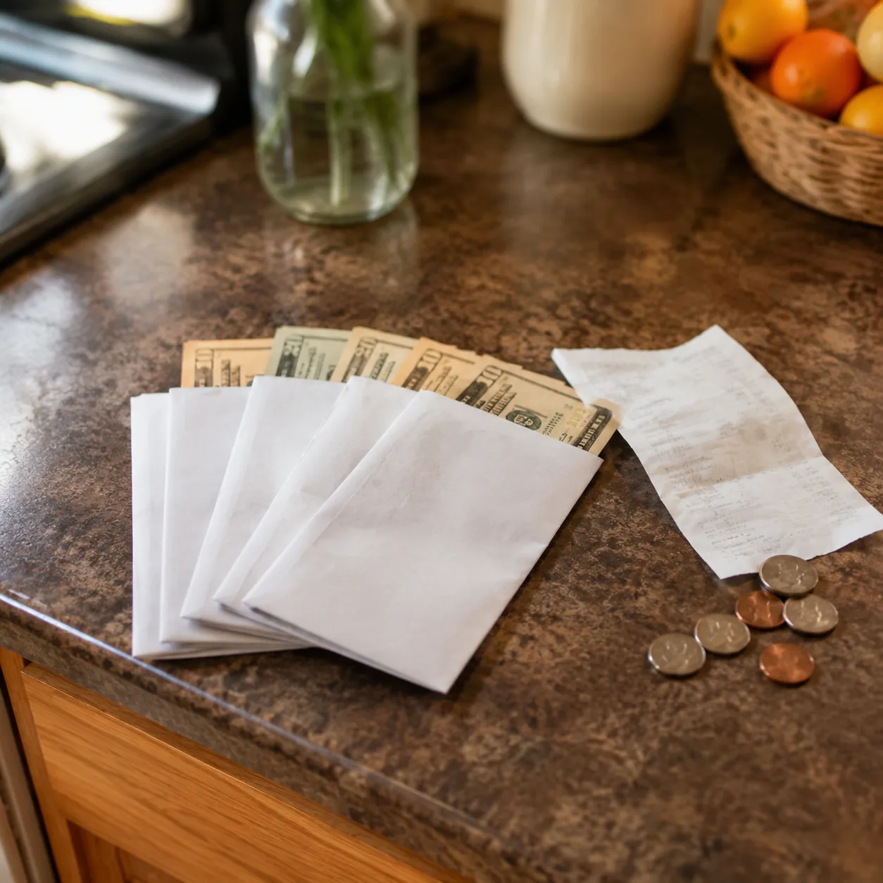Realistic editorial photo of a small envelope system with cash, grocery receipt, and coins on a modest kitchen counter,