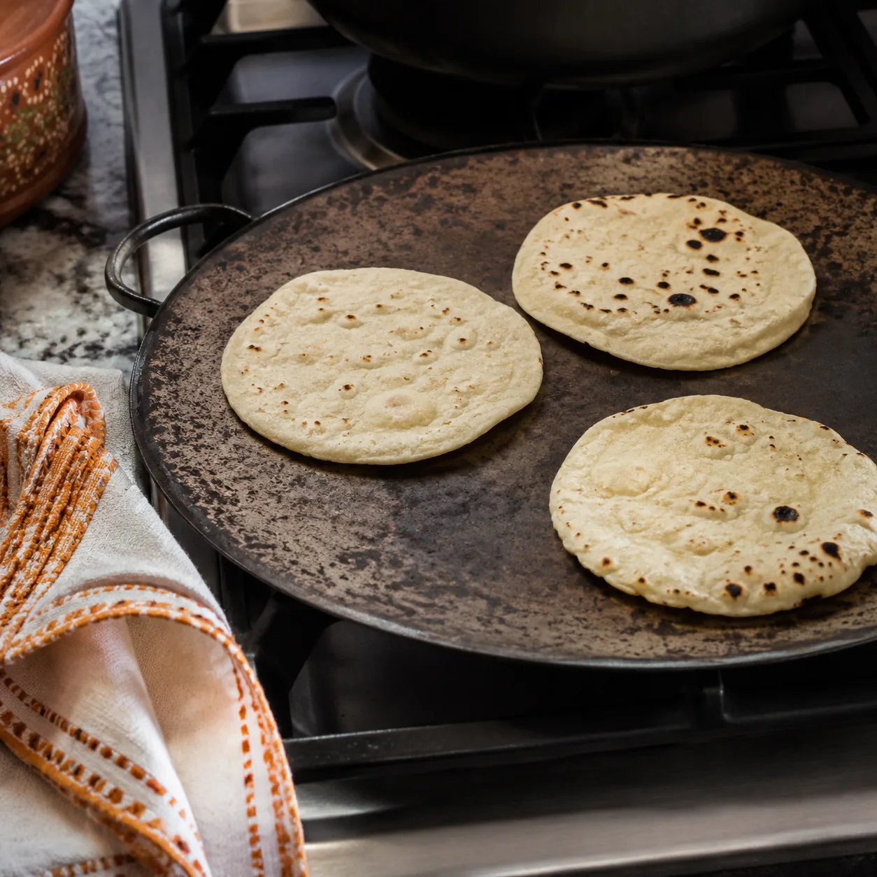 Realistic editorial photo of a well-used comal on a stovetop warming tortillas beside a folded kitchen towel, warm natur