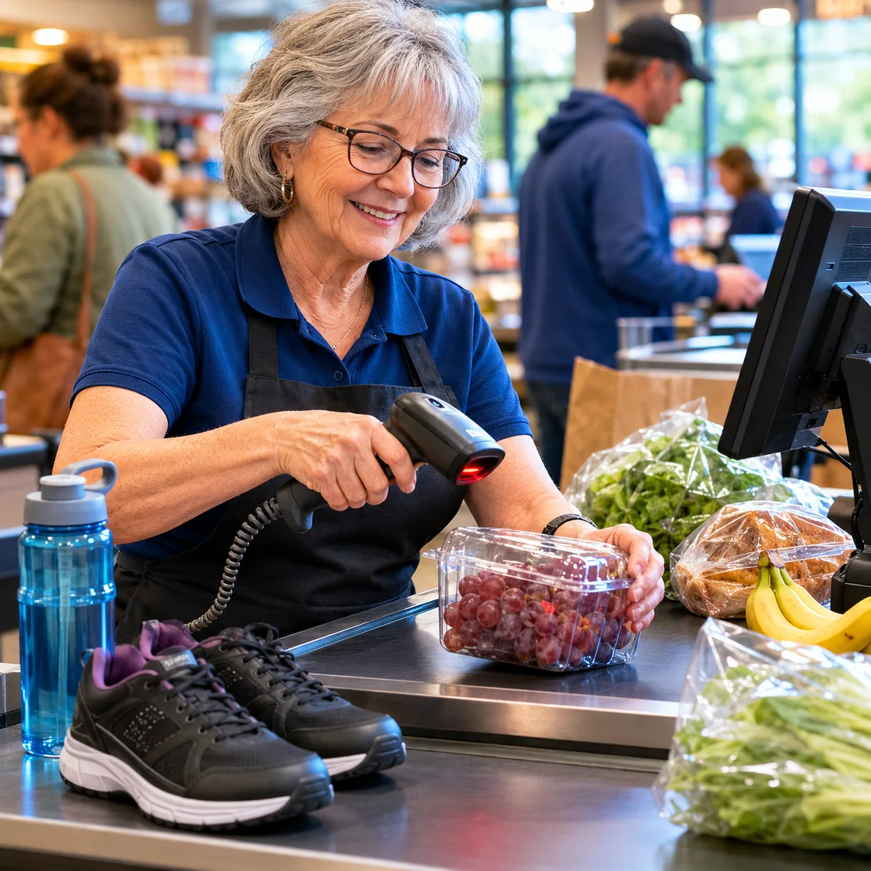 Realistic editorial photo of an older cashier scanning items at a busy retail checkout with supportive shoes and water b