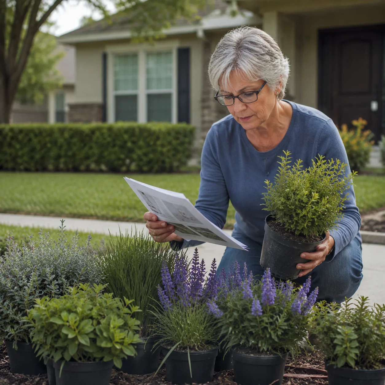 Realistic editorial photo of an older homeowner comparing nursery plants with HOA landscaping guidelines beside a front