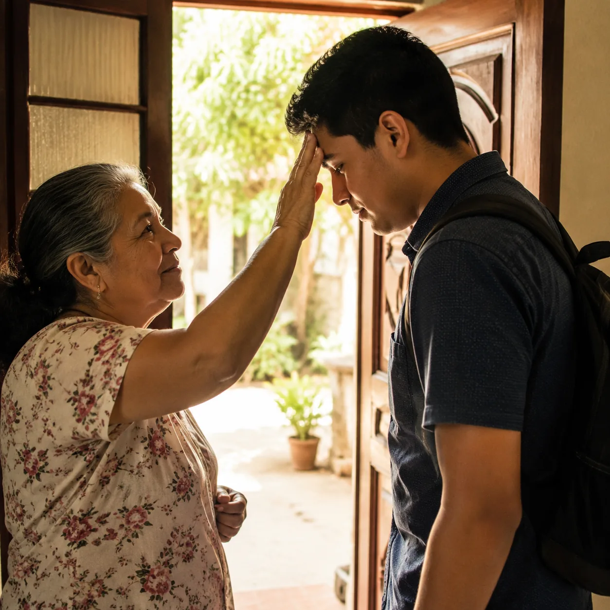 Realistic editorial photo of an older Latino grandmother blessing a young adult at the front door before leaving, warm h
