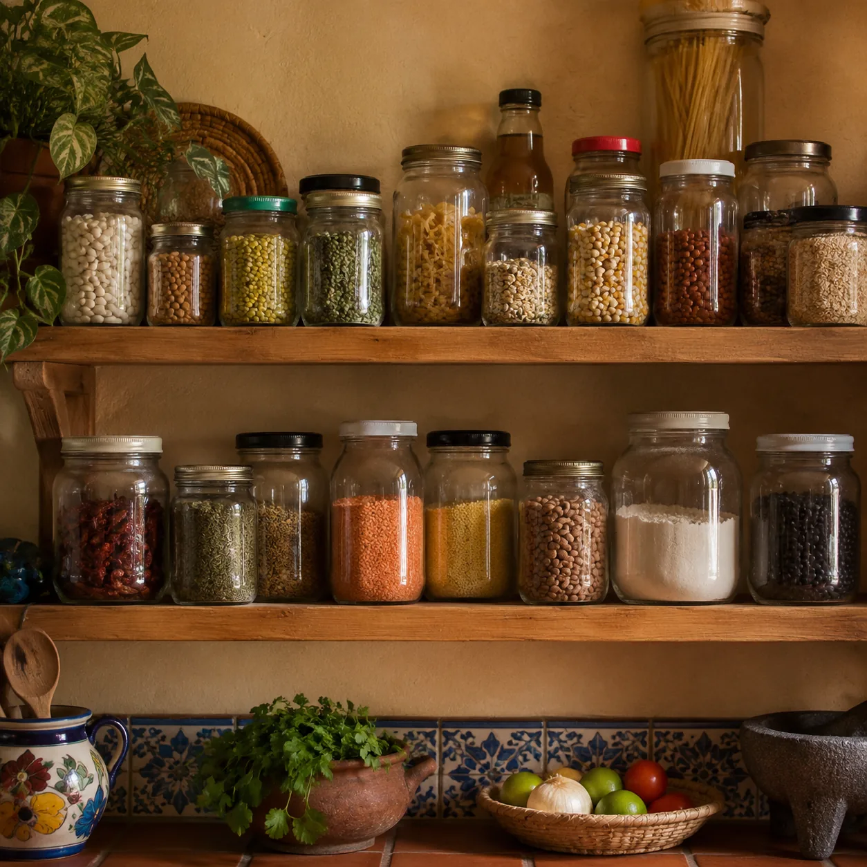 Realistic editorial photo of assorted glass jars with mismatched lids on a pantry shelf, cozy Latino kitchen, warm natur