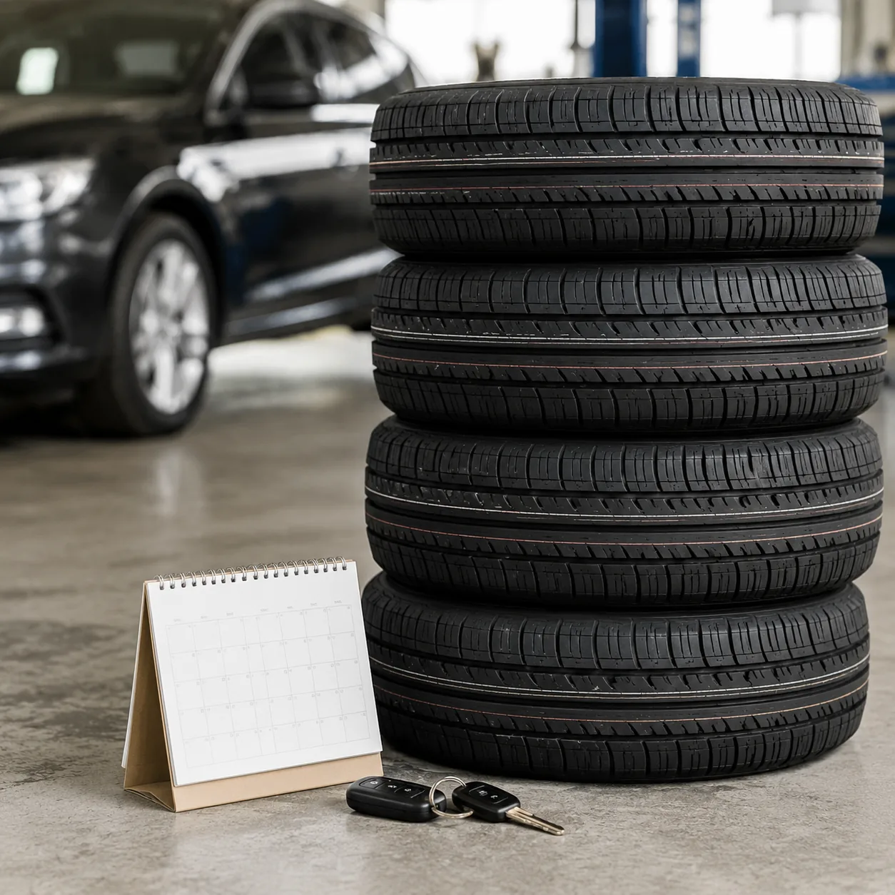 Realistic editorial photo of four new tires stacked beside car keys and an appointment calendar in a garage, practical a