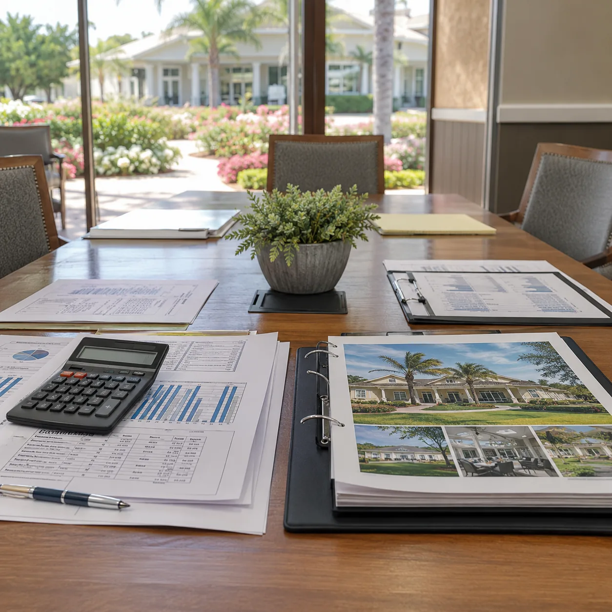 Realistic editorial photo of HOA board papers, a calculator, and a clubhouse maintenance folder spread across a conferen