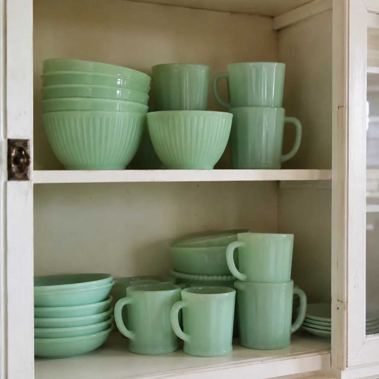 Realistic editorial photo of jade green vintage milk glass mugs and bowls in a modest kitchen cabinet, soft daylight, 1: