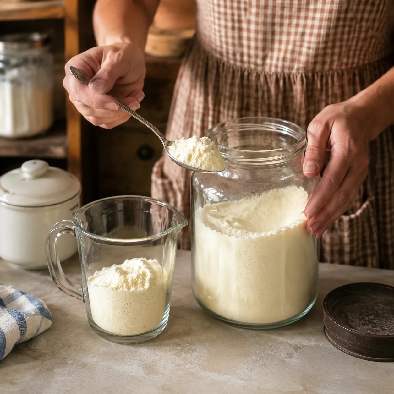 Realistic editorial photo of powdered milk being spooned from a plain pantry jar into a measuring cup on a kitchen count