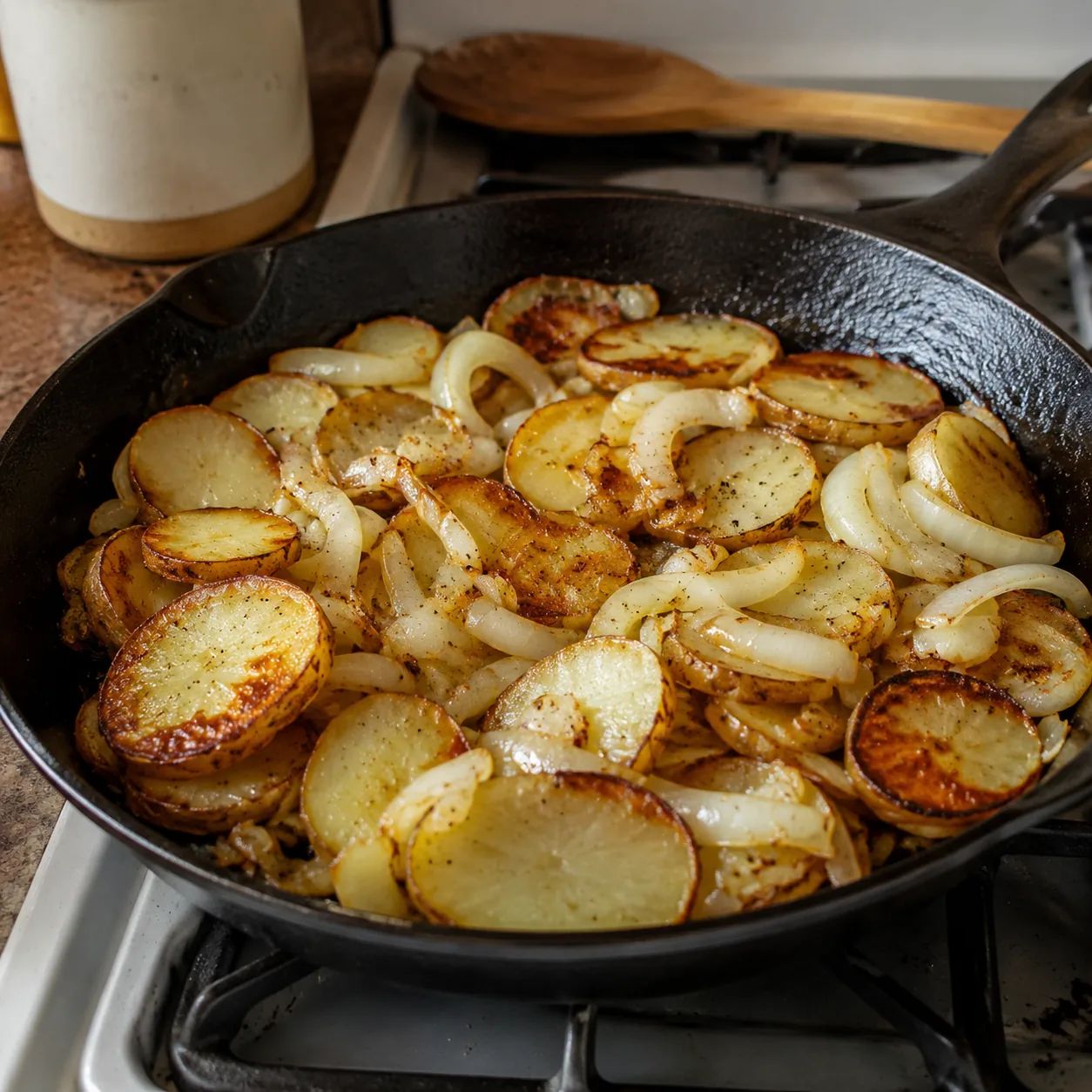 Realistic editorial photo of sliced potatoes and onions frying in a cast iron skillet on a home stove, practical budget 