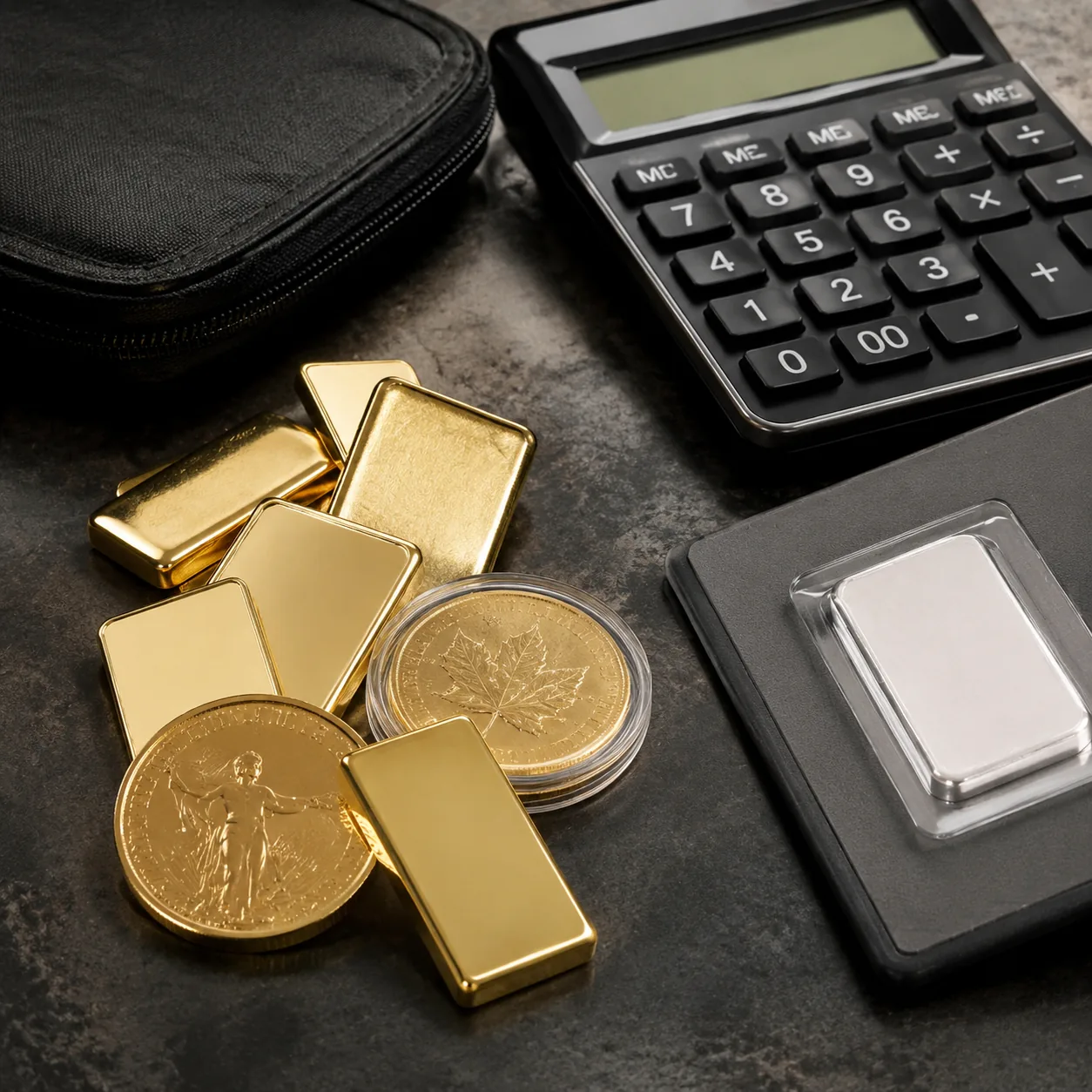 Realistic editorial photo of small bullion bars and coins beside a calculator and storage pouch, practical consumer fina