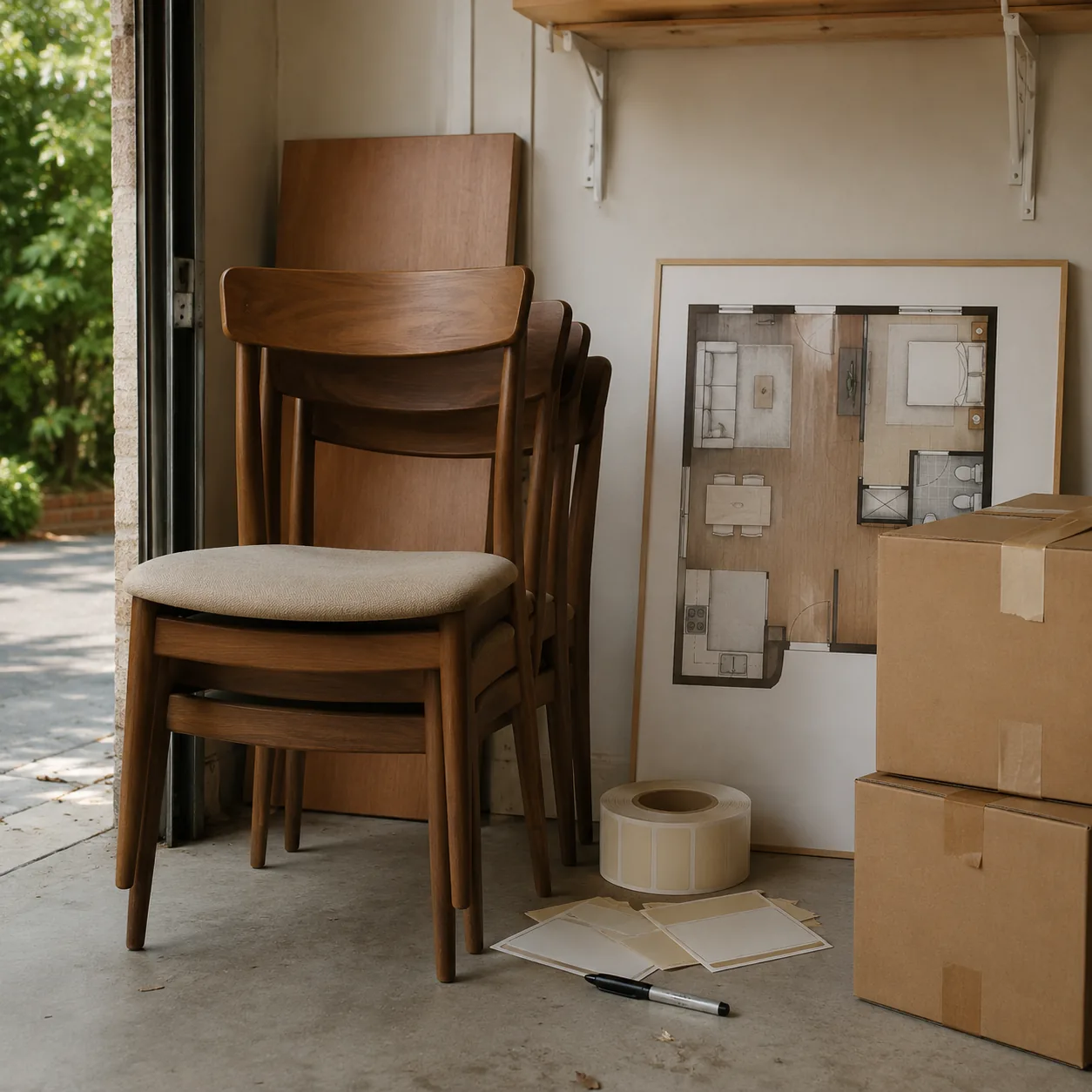 Realistic editorial photo of stacked dining chairs in a garage beside a smaller apartment floor plan and moving labels,