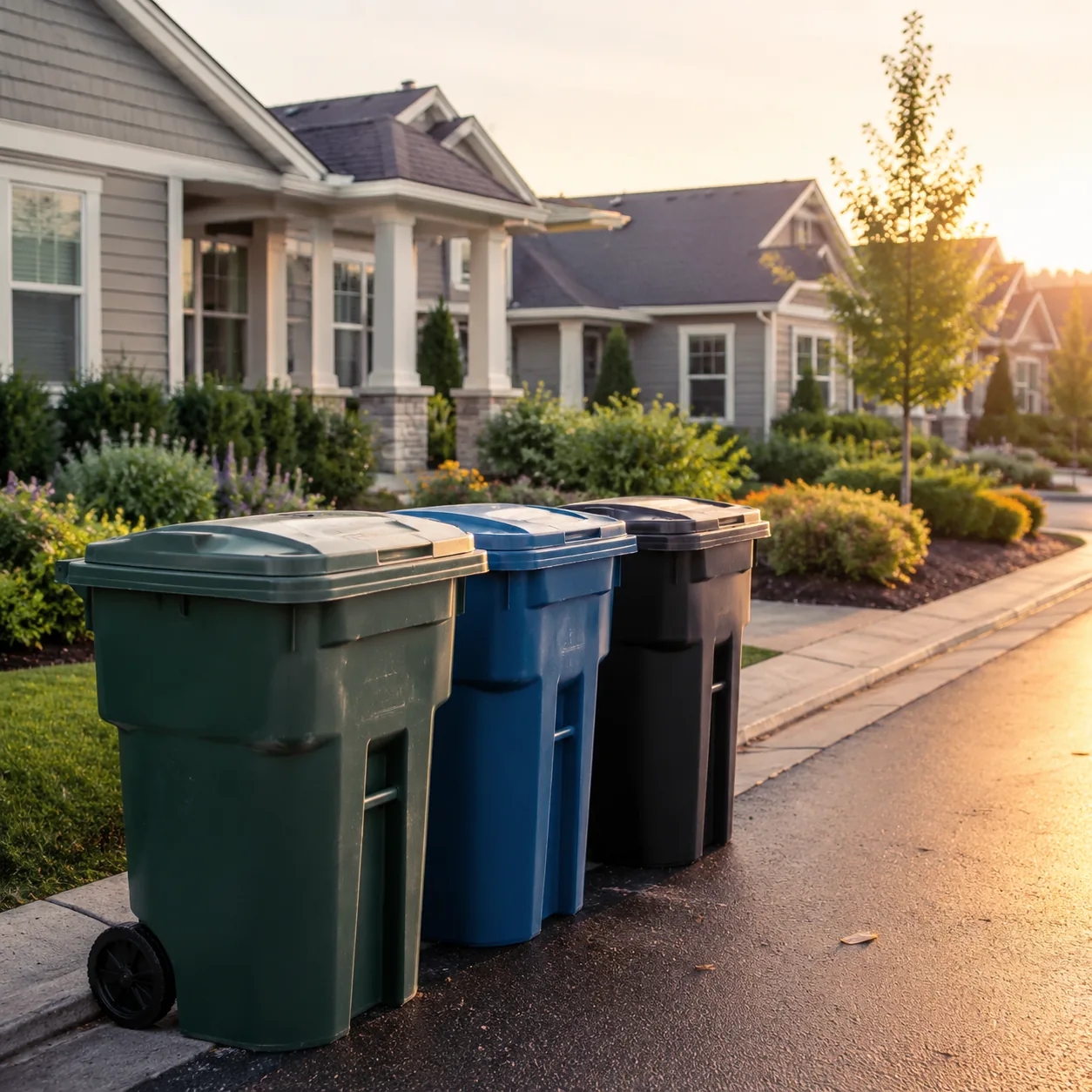 Realistic editorial photo of trash and recycling bins lined up near neat retirement community homes at early morning lig