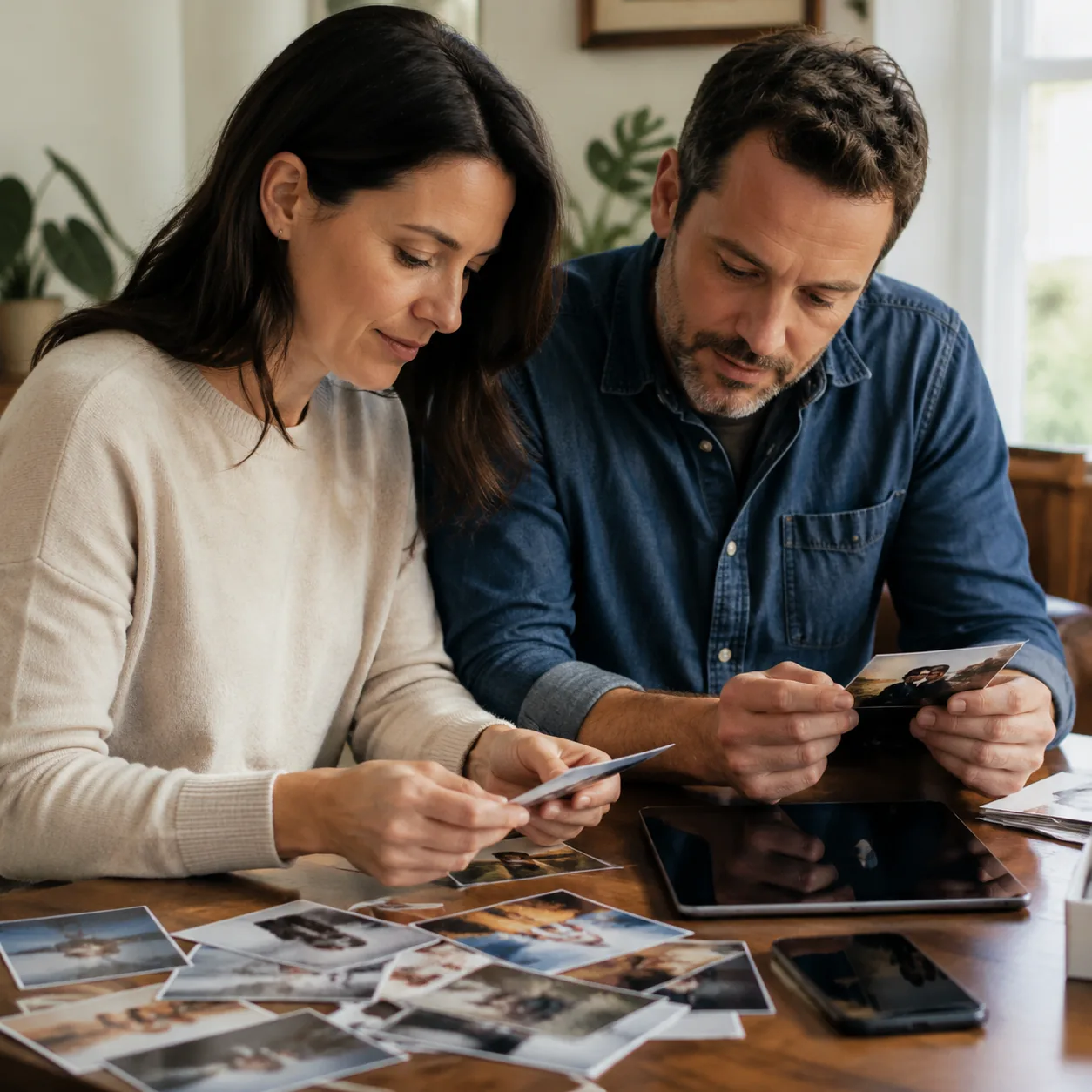 Realistic editorial photo of two adults organizing printed family photos beside a tablet and phone, practical home tech
