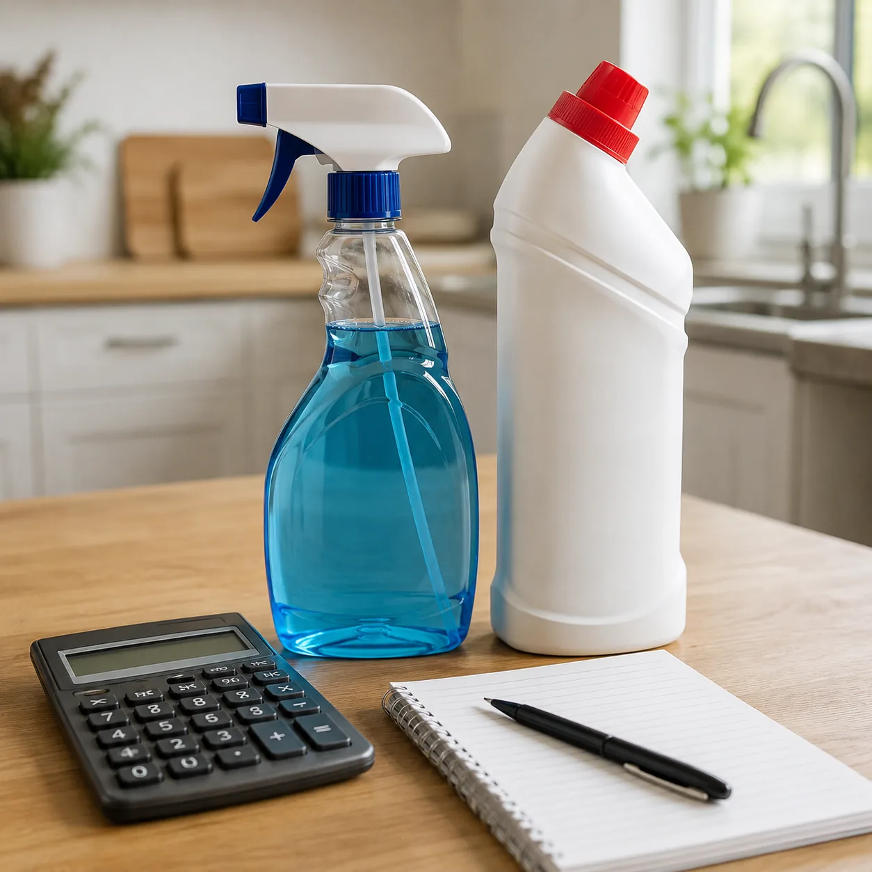 Realistic editorial photo of two household products with a calculator and shopping list on a kitchen table, practical co
