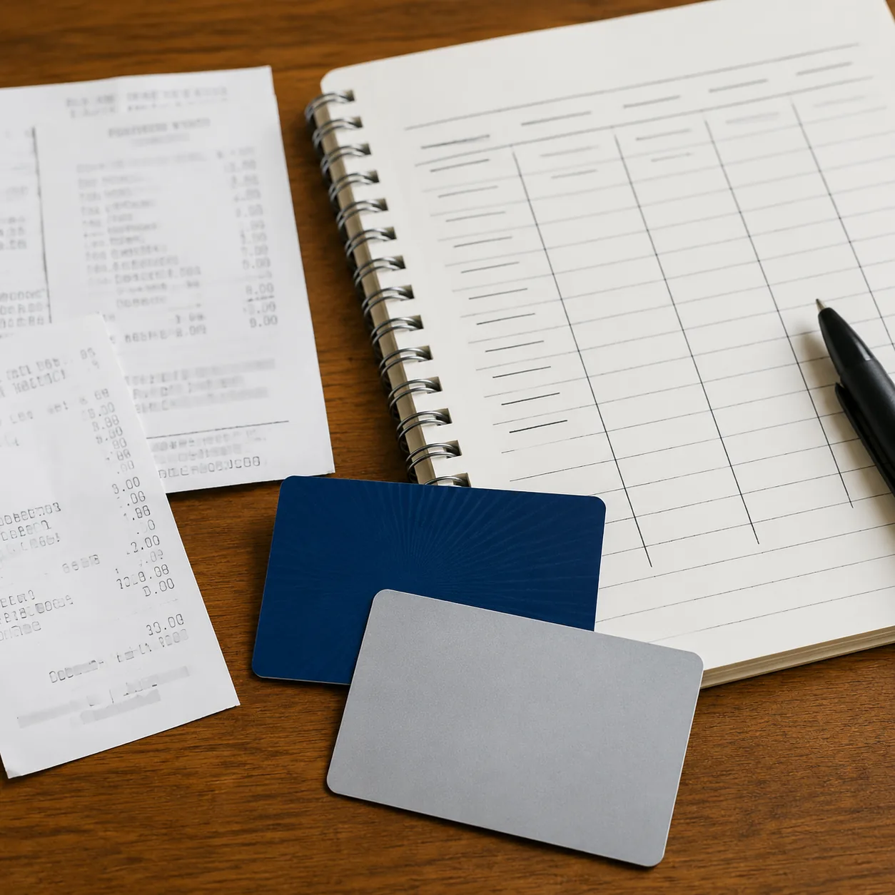 Realistic editorial photo of two membership cards beside receipts and a simple household budget notebook, practical cons