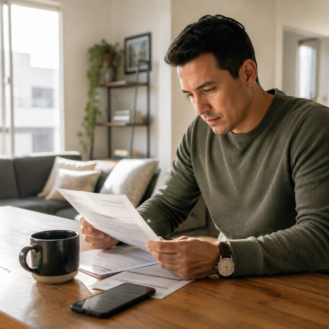 Realistic editorial photo of a buyer checking a credit report summary beside coffee and a phone, modest apartment settin