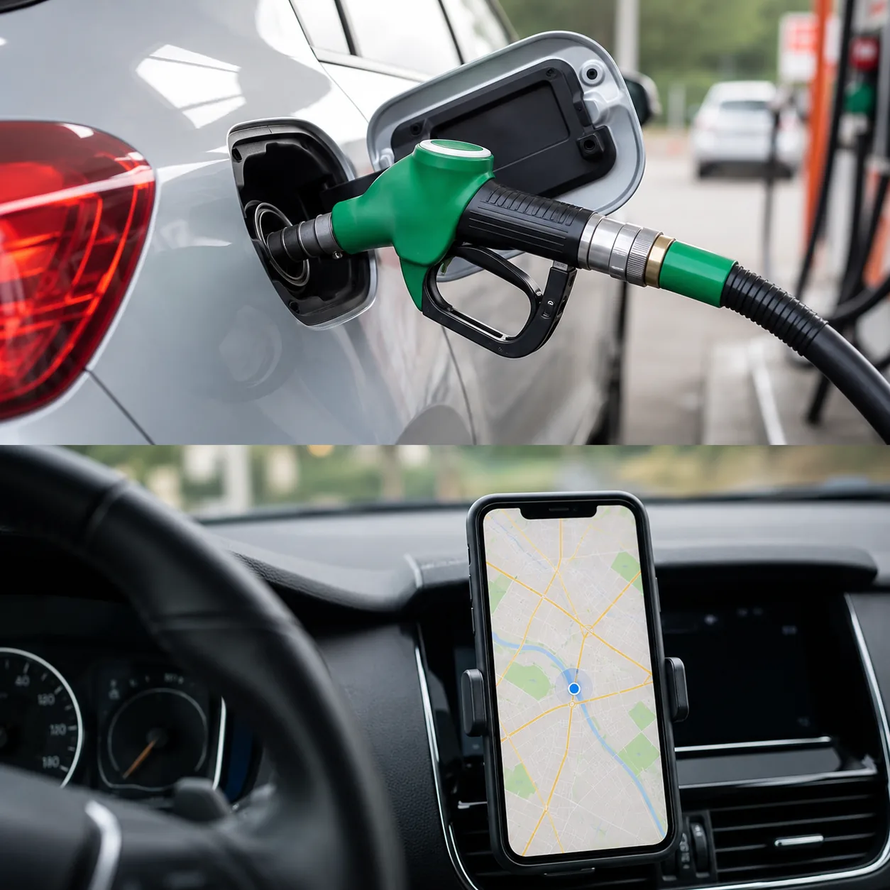 Realistic editorial photo of a car fuel door, gas pump hose, and phone map on a dashboard, practical consumer guide styl