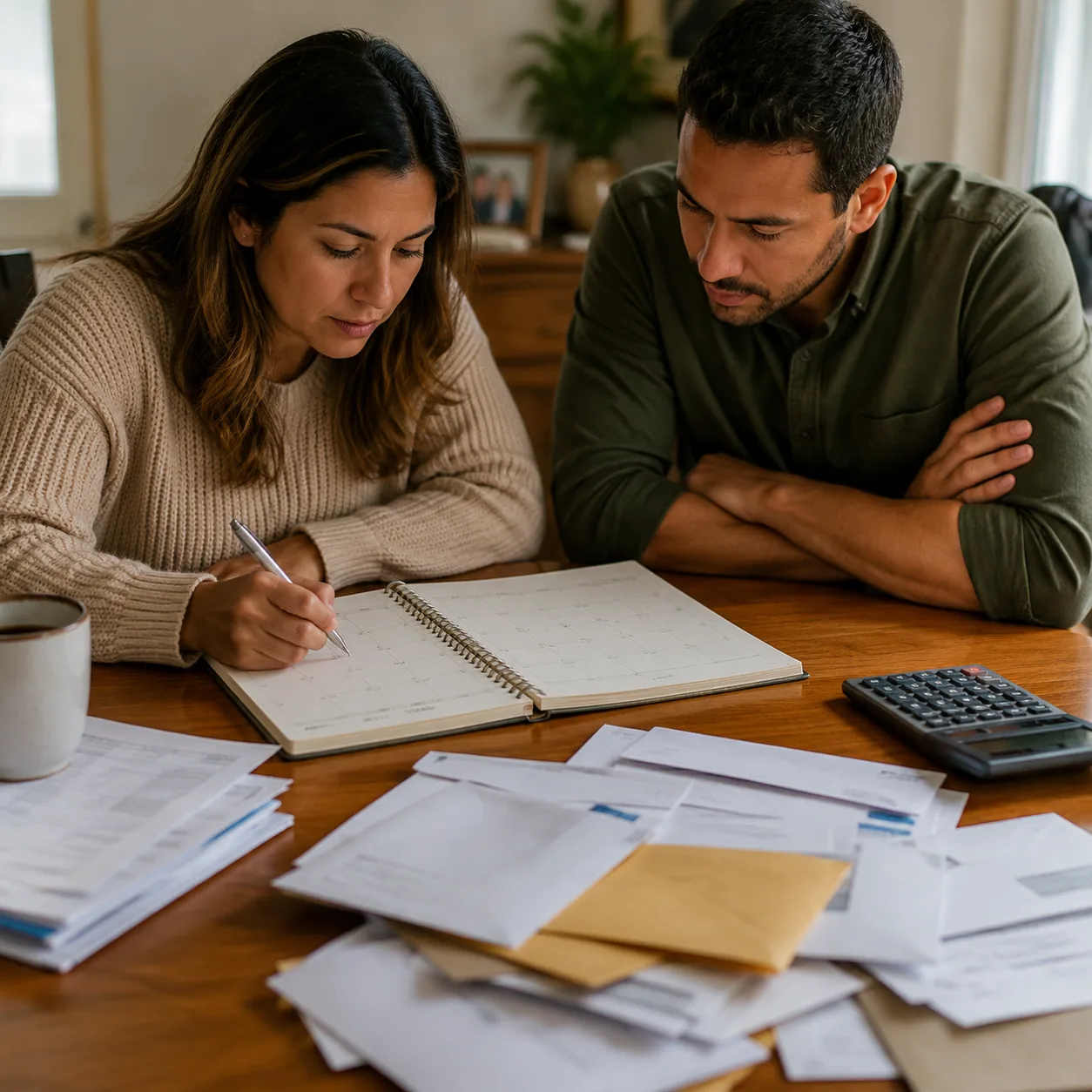 Realistic editorial photo of a family calendar with bill due dates, envelopes, and a calculator on a dining table, warm