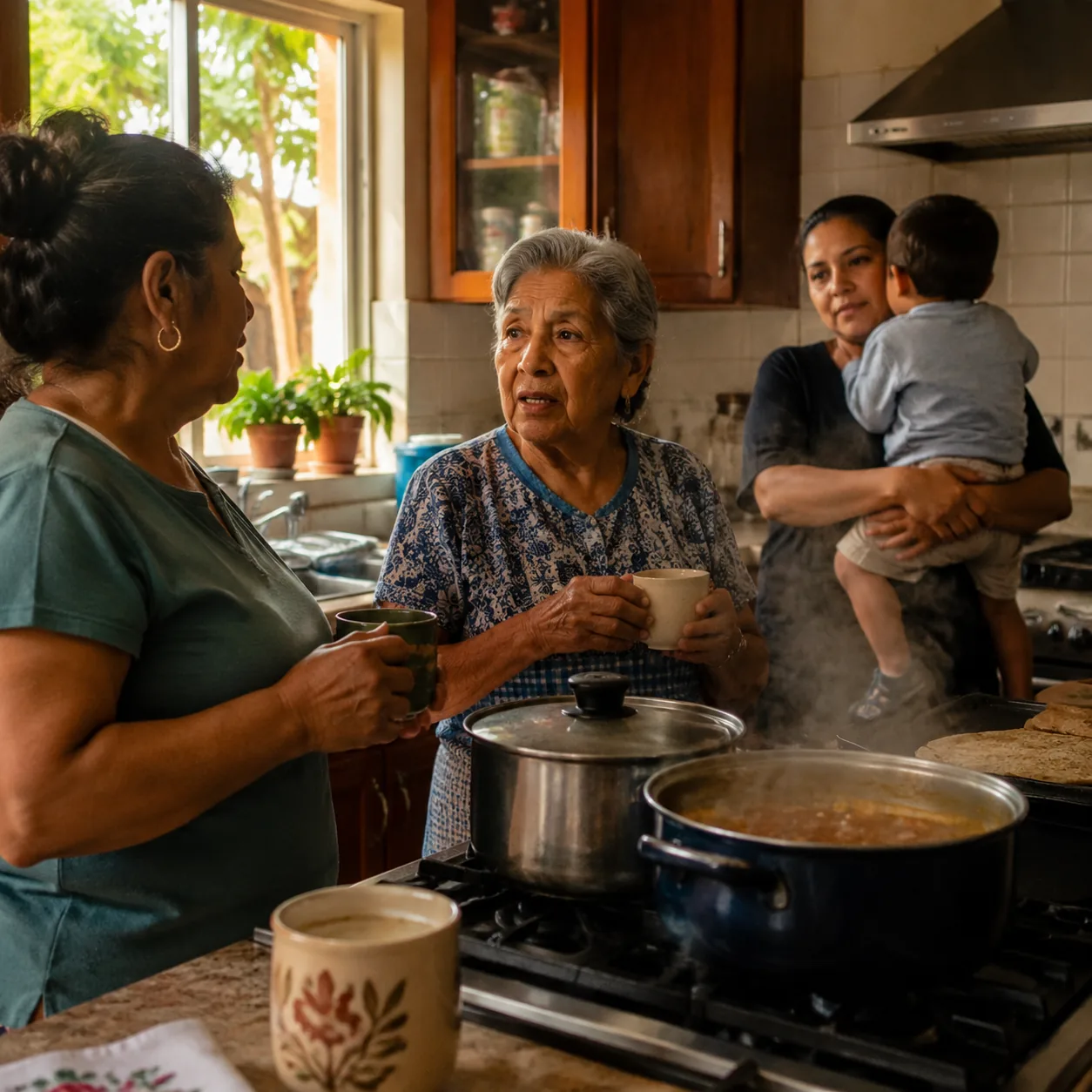 Realistic editorial photo of a Latino family kitchen with simmering pots, coffee, and relatives talking near the stove,