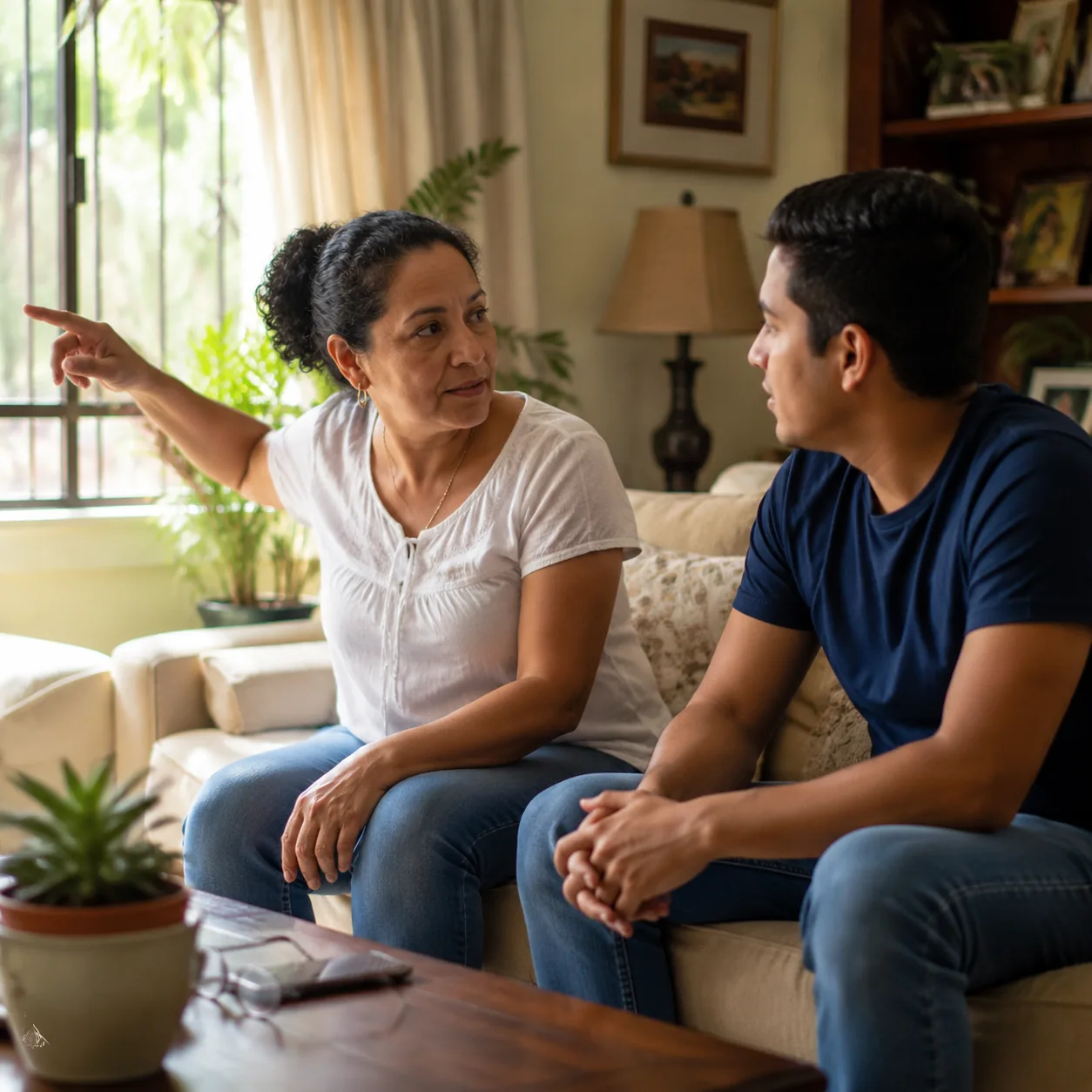 Realistic editorial photo of a Latino family living room with a parent pointing gently toward the house while a young ad