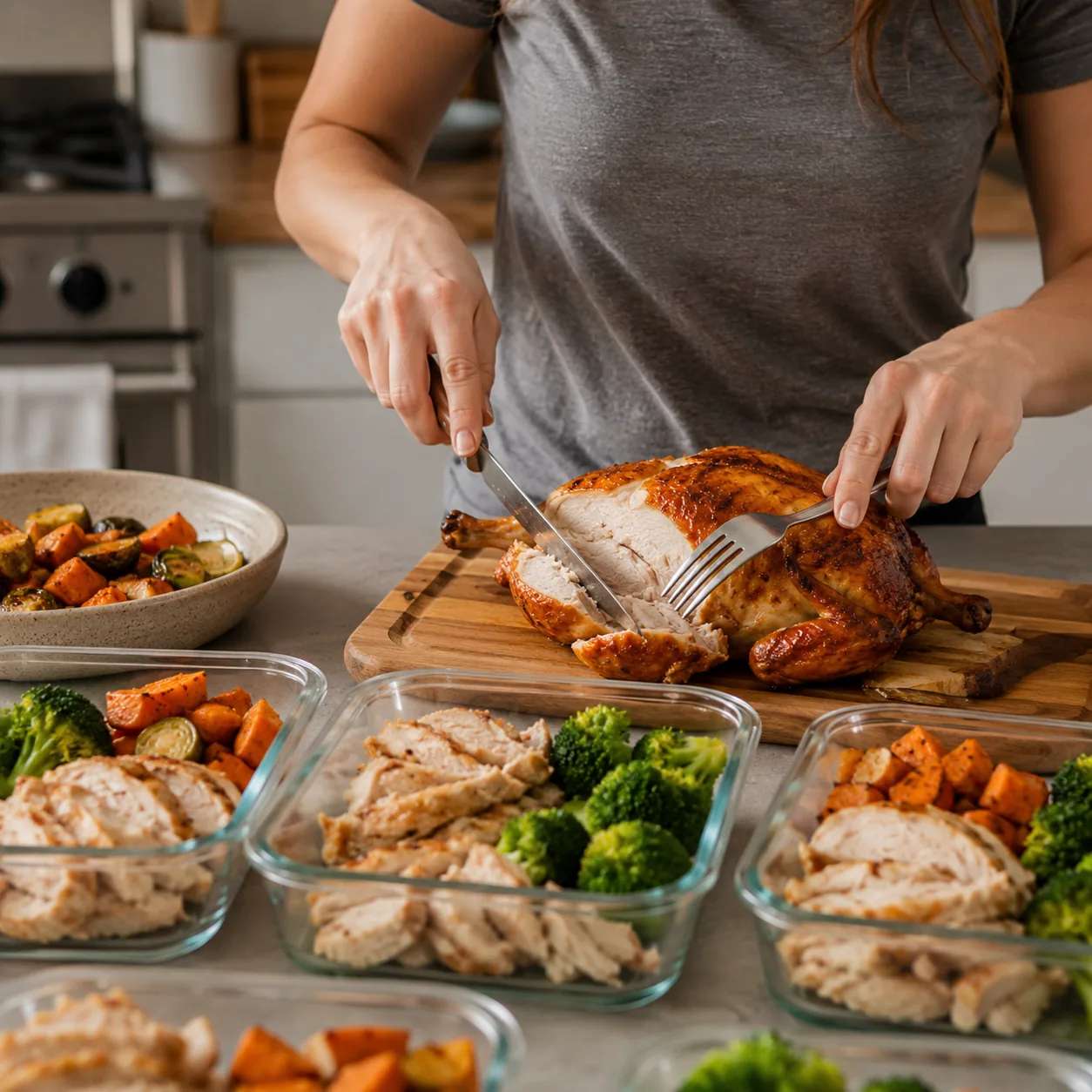 Realistic editorial photo of a roasted chicken being portioned into meal prep containers in a kitchen, practical meal pl