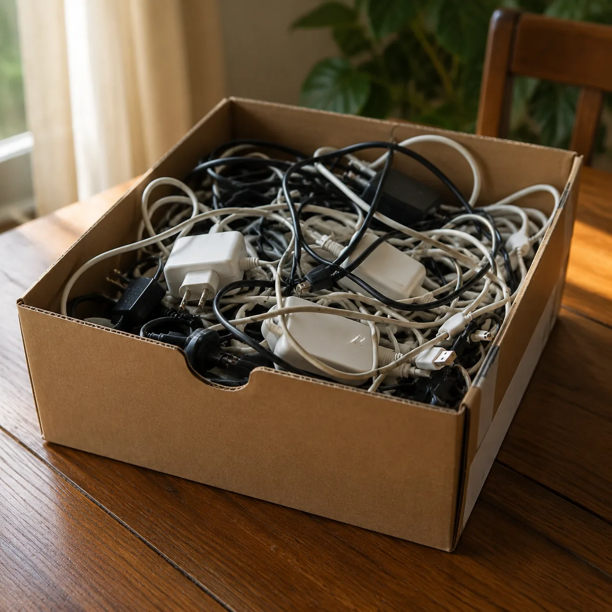 Realistic editorial photo of a shoebox full of tangled charging cables and old adapters on a dining table, warm natural 
