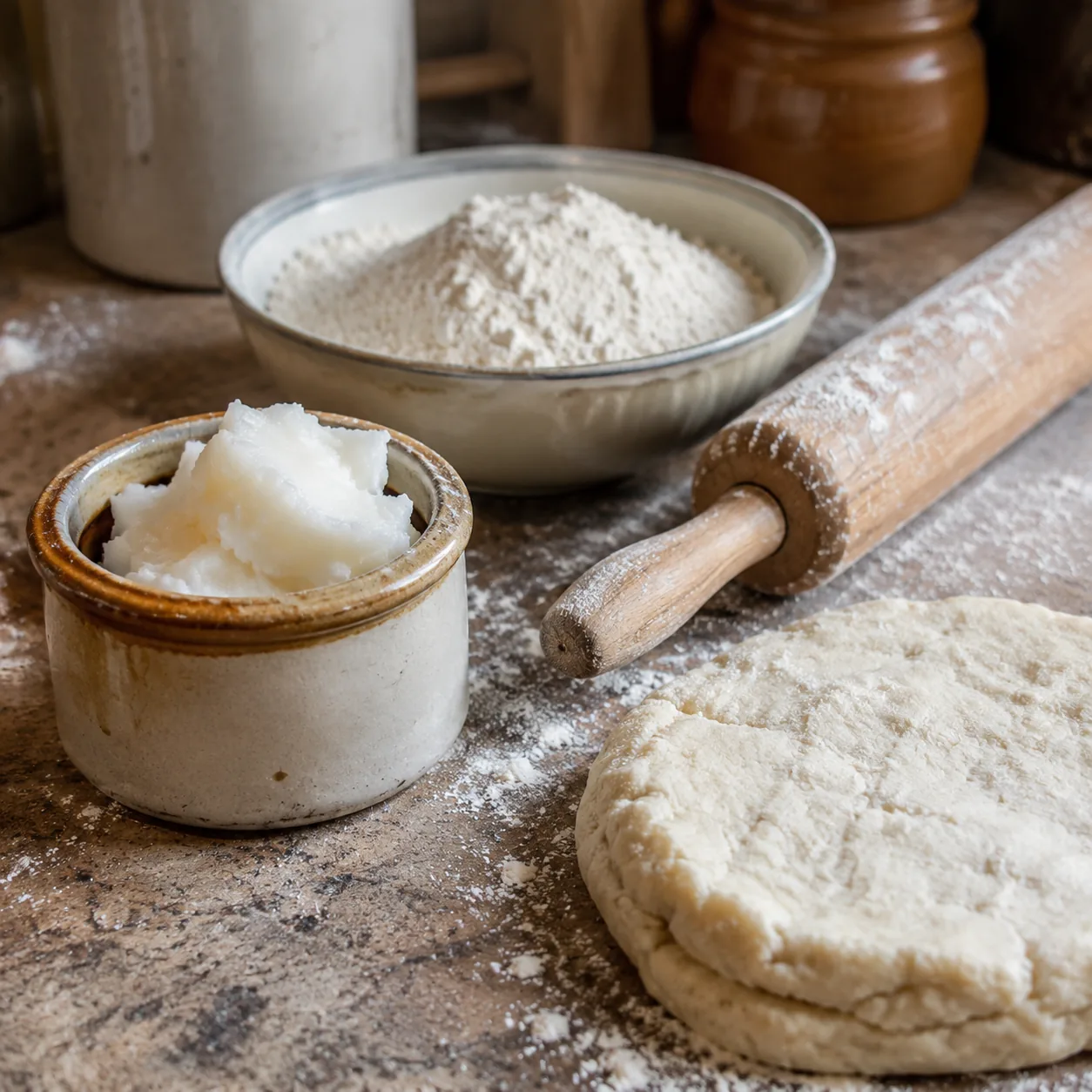 Realistic editorial photo of a small crock of lard beside flour, a rolling pin, and biscuit dough on a worn kitchen coun