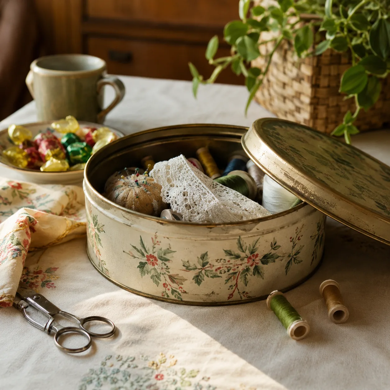 Realistic editorial photo of a vintage cookie tin open on a kitchen table with sewing notions and a few wrapped candies 