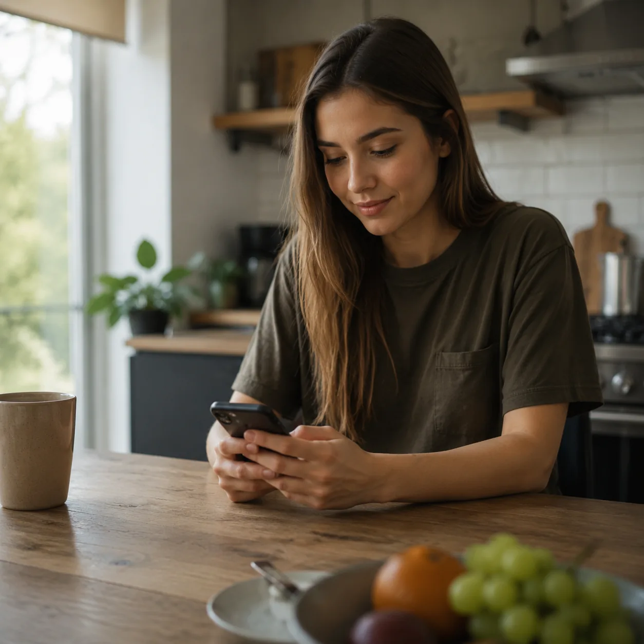 Realistic editorial photo of an adult child texting a mother after arriving home safely, phone on kitchen table, warm na