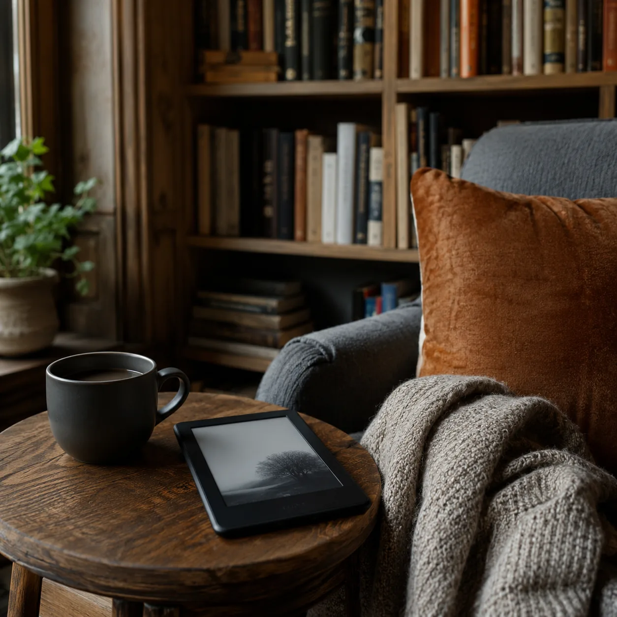 Realistic editorial photo of an e-reader, coffee mug, and library-style reading nook with soft light, practical lifestyl